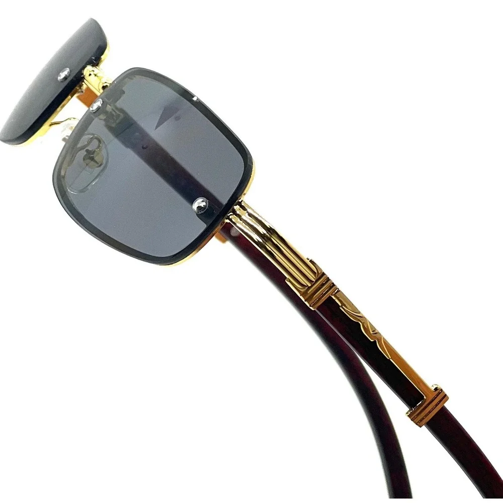 Rimless Rectangle Sunglasses Gold Frame Wood Arms Vintage Style‎ Fashion Lentes